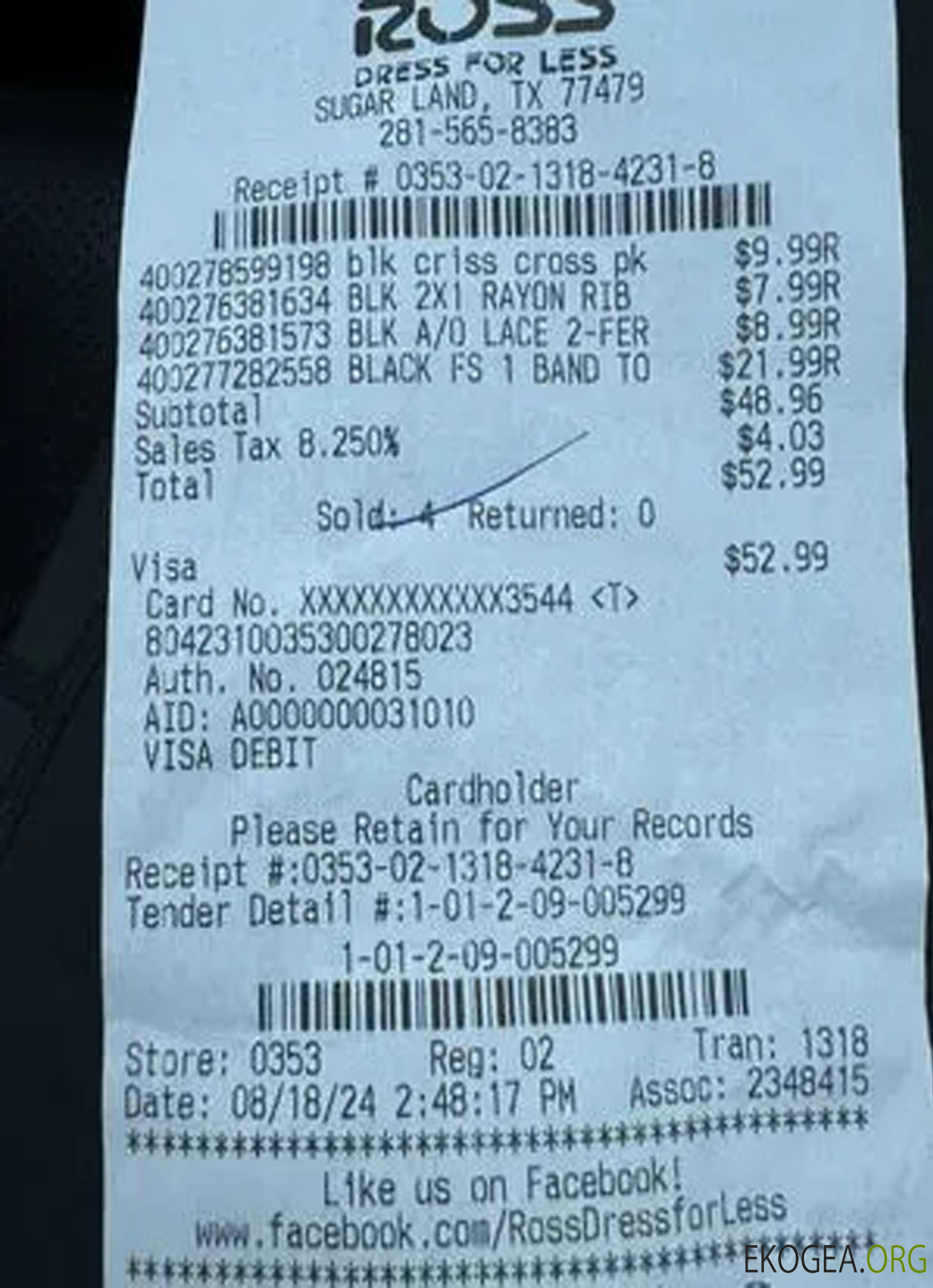 Chèque de paiement du magasin Ross